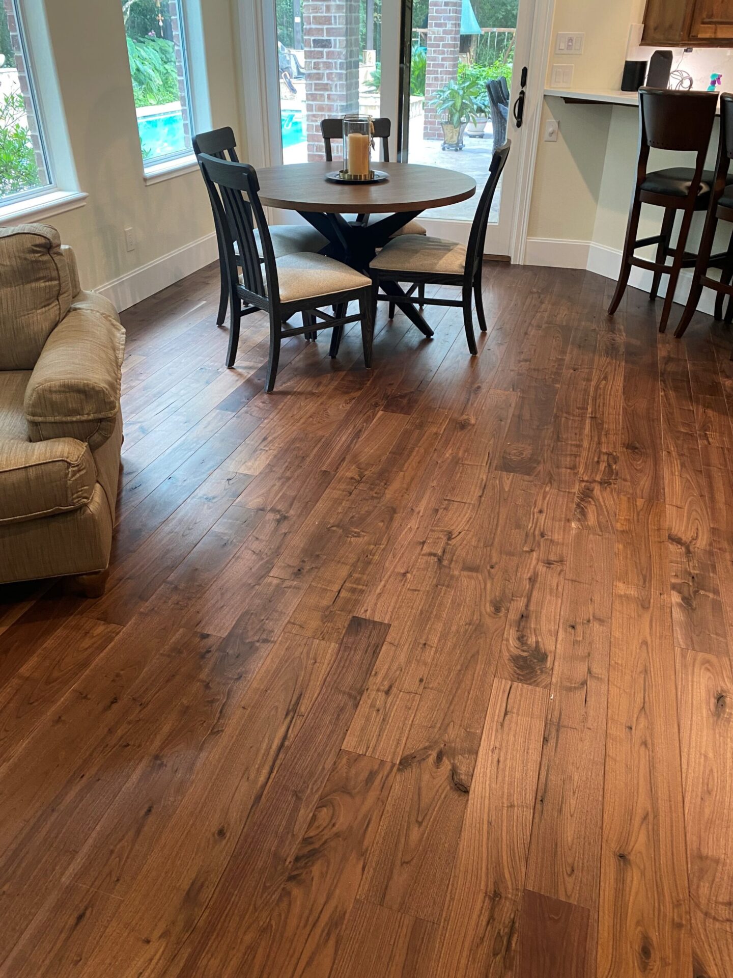 Rich walnut hardwood flooring